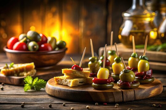 Spanish food photography captures the essence of Silhouette Tapas: delectable pickle appetizers and gildas.