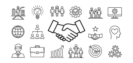 Business Agreement & Partnership Handshake Icon Set – Thin Line Vector Illustration

Keywords: