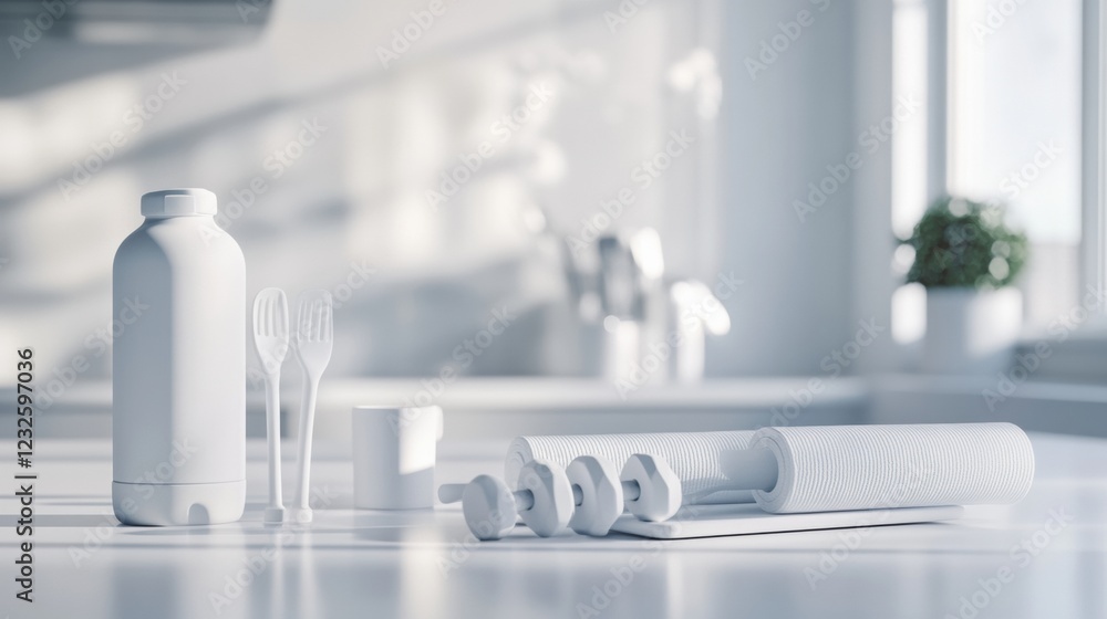 Poster clean and minimal kitchen setup with white utensils and containers in natural light during the morni