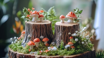 Whimsical mushroom and flower scene on tree stumps.