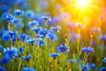 Fototapeta premium Spring's embrace: a sunny meadow bursts with blue wildflowers, a breathtaking scene.