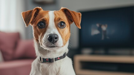 Pet AI brings technology and automation to animal care. Adorable dog with a curious expression in a cozy living room setting.