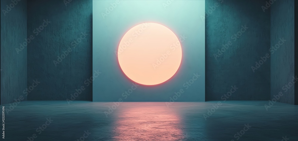 Poster a minimalist design featuring a large circular form in an empty, softly lit space.