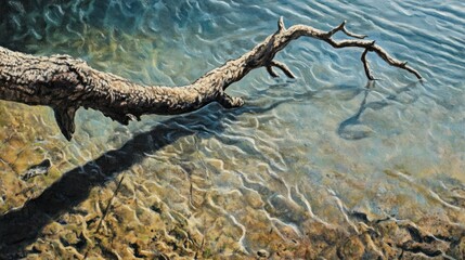 Fototapeta premium Sunlit lake, submerged log, shadow, ripples, serenity, nature, background, artwork, print