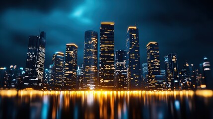 Nighttime Cityscape with Bright Skyscrapers and Lights