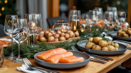 Elegant Christmas Dinner Table Setting with Salmon and Potatoes