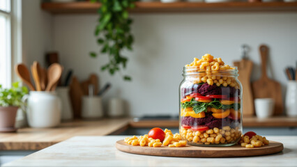 Naklejka premium Batch cooking with colorful vegetables, including corn, red cabbage, tomatoes, and carrots, contained in a jar on a kitchen counter.