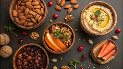 A delightful assortment of healthy snacks almonds, walnuts, raisins, hummus, and fruit slices, arranged artfully in wooden bowls on a dark surface.
