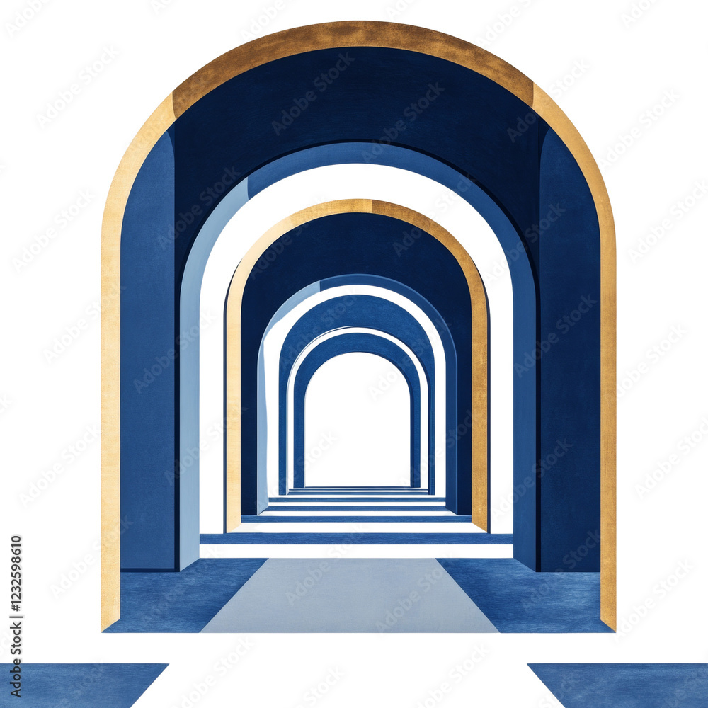 Poster an illustration depicting a series of nested blue arches with gold accents creating a perspective ha