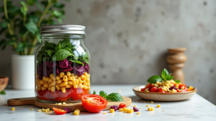 Freshly pickled vegetables in mason jars on a wooden table, perfect for meal prepping or preserving.