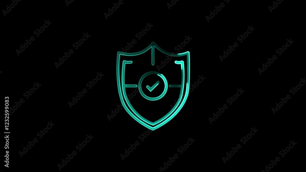 Poster glowing neon shield with check mark icon animation.verified, protection, shield, secuirty icon.can a