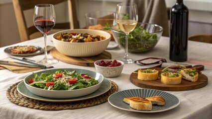 A table set for a casual dinner party featuring various dishes, including a vibrant green salad, a hearty bowl of food, and grilled bread
