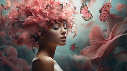 surreal african american woman flower hair butterflies dreamy soft focus ethereal background lighting
