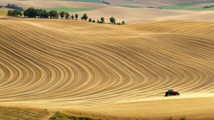 Obraz premium Farmland aerial view with geometric crop patterns and a lone tractor in the field