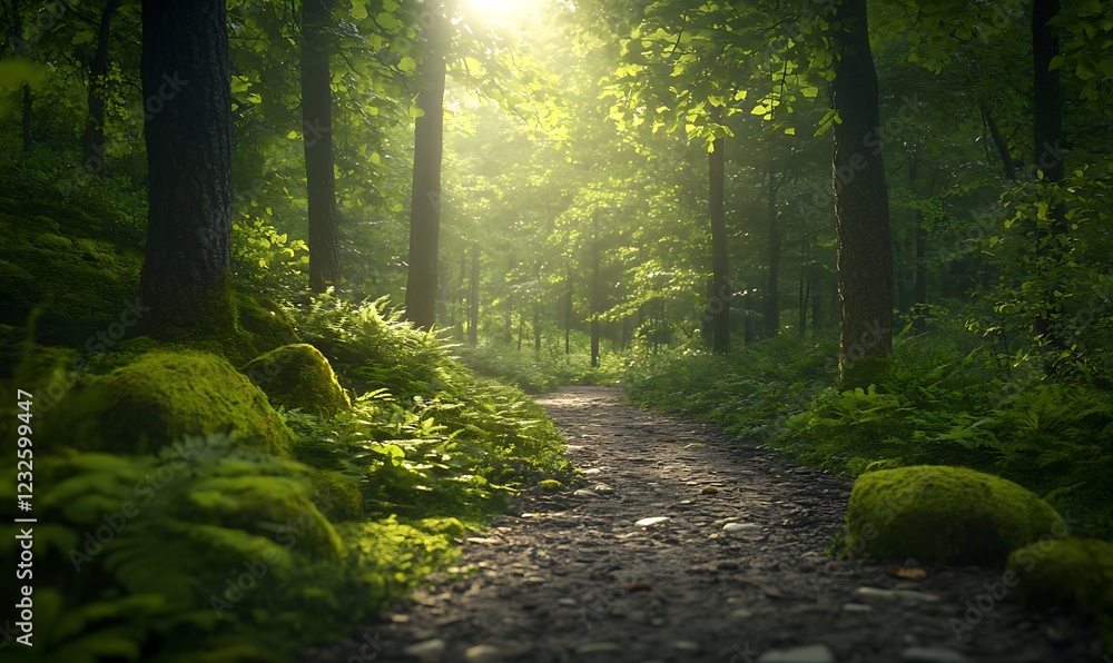 Aufkleber A serene forest path illuminated by soft sunlight filtering through the trees.