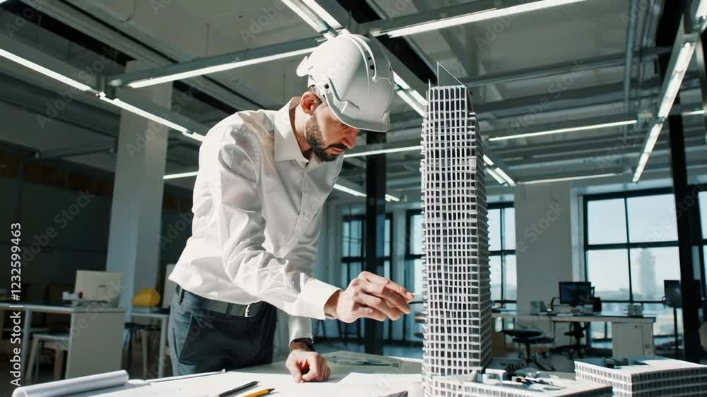 Poster professional architect wearing a hardhat meticulously examines a detailed skyscraper model in a cont