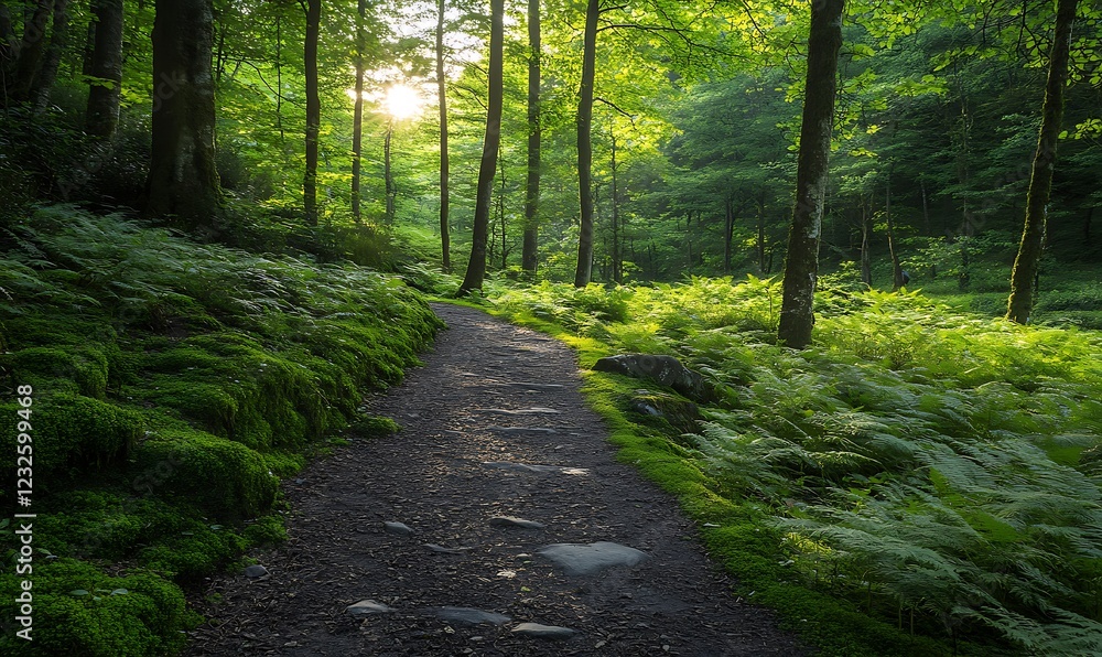 Poster A serene forest path surrounded by lush greenery and soft sunlight filtering through the trees.