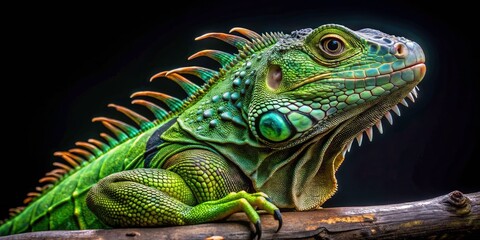 Fototapeta premium Stunning drone portrait of a green iguana; rich detail, black backdrop, high-resolution wildlife image.