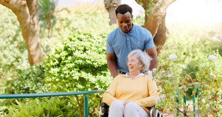 Senior woman, nurse or walking with wheelchair for support or assisted living in outdoor garden....
