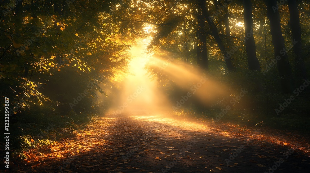 Poster serene forest path illuminated by sunrays, surrounded by autumn foliage.