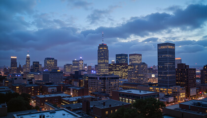 Fototapeta premium City skyline at dusk with spring rain, urban tranquility