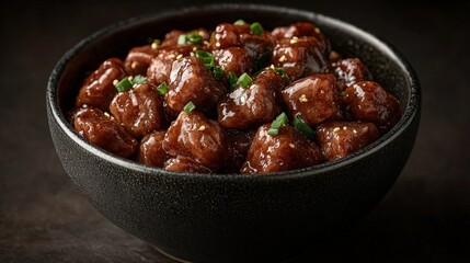 Bowl of meat with sauce and green onions on a wooden table ready to be served