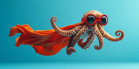 Adventurous octopus with sunglasses and cape underwater fantasy digital art bright colors playful concept