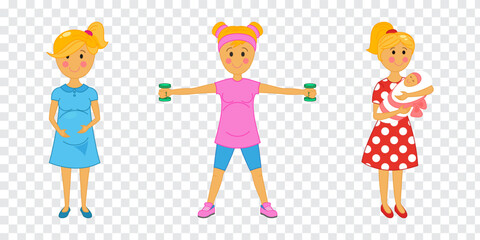 Young pregnant woman. Set of vector isolated illustrations on transparent background