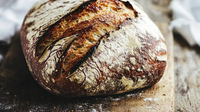 Freshly baked artisanal bread resting on a wooden board with flour dusting and rustic charm in a cozy kitchen