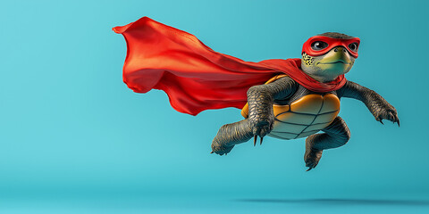 Superhero turtle in flight vibrant blue background digital art whimsical environment dynamic perspective imagination unleashed