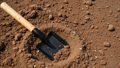 Garden spade digging into freshly tilled earth, gardening concept