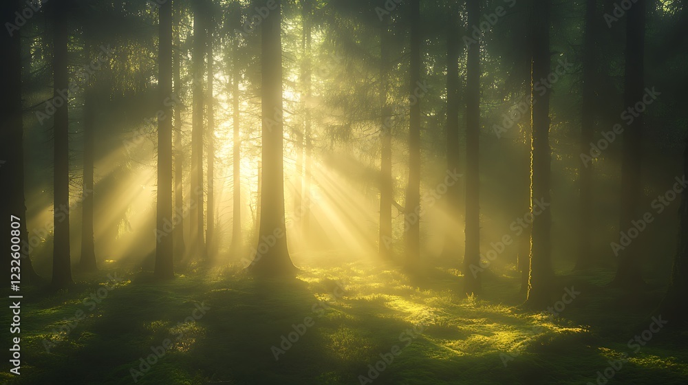 Poster Sunlight filters through dense trees in a serene, misty forest setting.