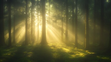 Obraz premium Sunlight filters through dense trees in a serene, misty forest setting.