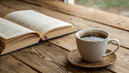 A steaming cup of coffee rests on a rustic wooden table next to an open book, inviting a moment of quiet contemplation and enjoyment.