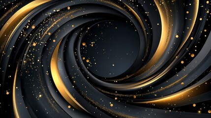 Fluid abstract design with swirling patterns in bold blacks and shimmering gold accents