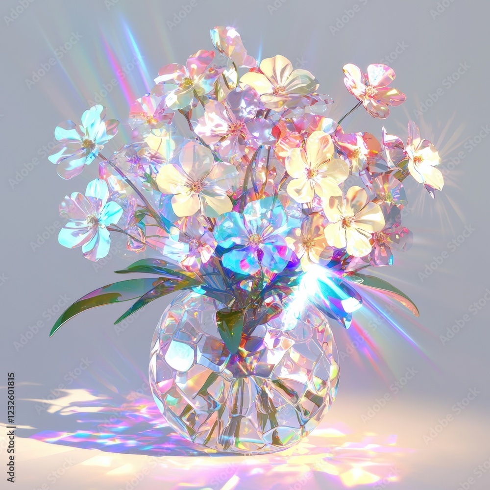 Aufkleber colorful crystal flowers in a vase reflecting light creating a dazzling display in a bright space. g