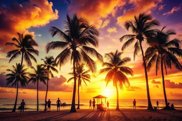 Sun-kissed silhouettes against a fiery sunset; palm trees frame the idyllic beach scene, capturing summer's essence.