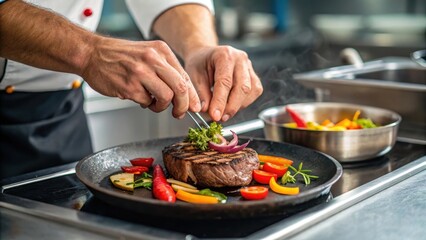 Culinary Artistry A Chef Delicately Garnishes a Grilled Steak with Fresh Herbs and Colorful Vegetables