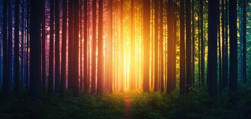 A vibrant forest with colorful light illuminating the trees and pathway.