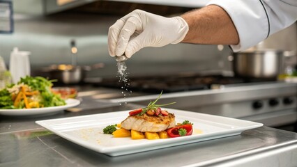 Chef meticulously seasons pan-seared fish dish with fresh herbs and vibrant fruit
