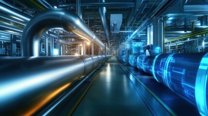 Obraz premium Industrial Pipe System in a High-Tech Manufacturing Facility Featuring Advanced Technology and Bright Illuminations for Optimal Efficiency and Performance