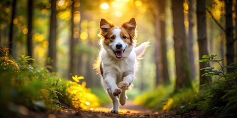 Silhouetted dog, forest backdrop,  speeding joyously at camera.
