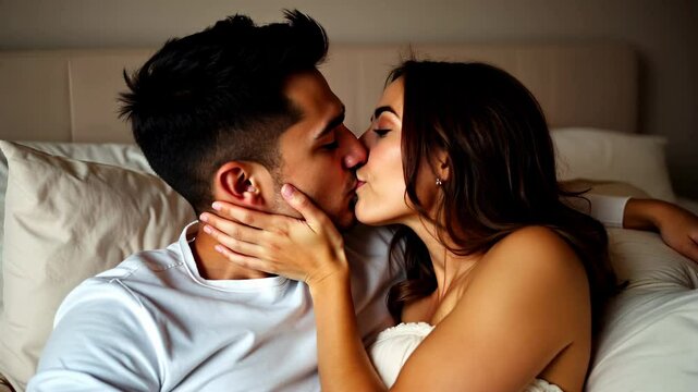 Couple, kissing and sex in home bedroom while erotic and sexual together. Man and a woman in bed for foreplay, libido and intimacy with a kiss on face for seduction, care and passion or desire