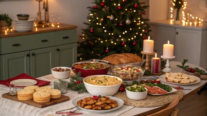 Naklejka premium A Festive Christmas Eve Dinner Table Setting with an Abundance of Delicious Food