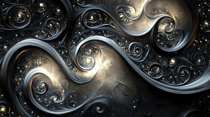Fluid art featuring swirling silver and deep black patterns with glowing accents