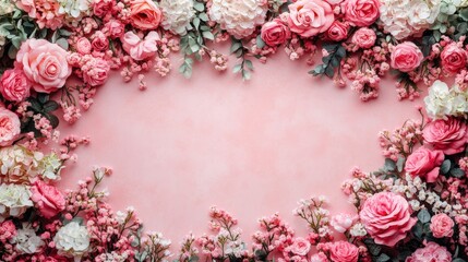 Heart shaped frame decorated with vibrant pink flowers on a white background