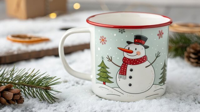 A festive enamel mug adorned with a cheerful snowman design, perfect for cozy winter beverages.