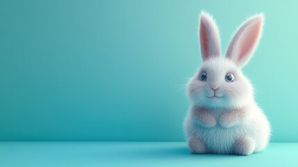 Obraz premium Cute white bunny sits on teal background. Easter, spring, holiday, card design