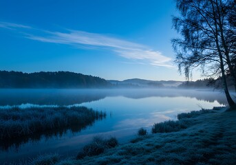 Fototapeta premium Serene Misty Lake Sunrise Landscape Photo