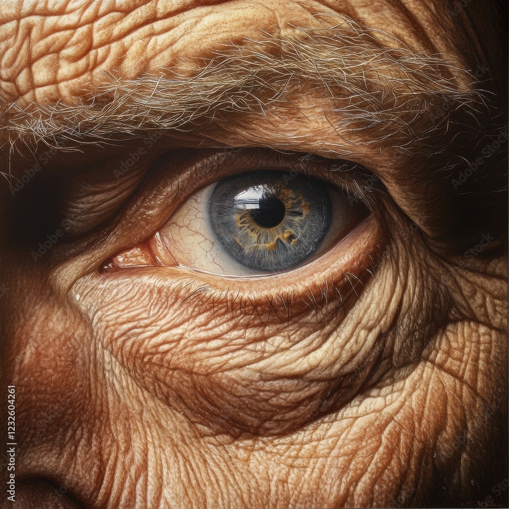Poster close-up of an elderly man's eye with intricate details highlighting age and wisdom in a softly lit 